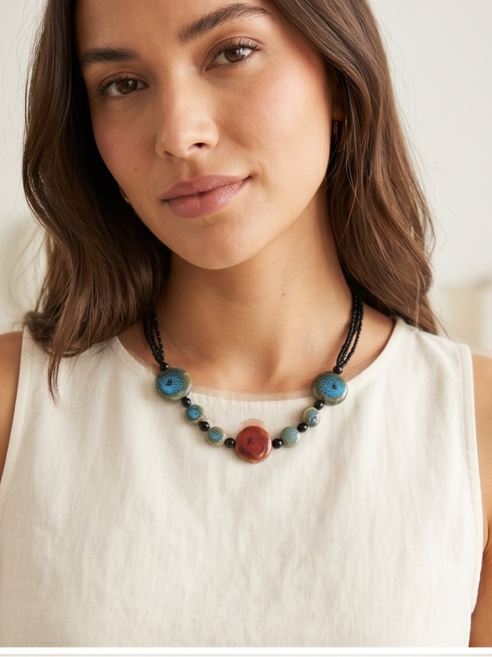 Vintage Boho Glazed Ceramic Beaded Statement Necklace 18”